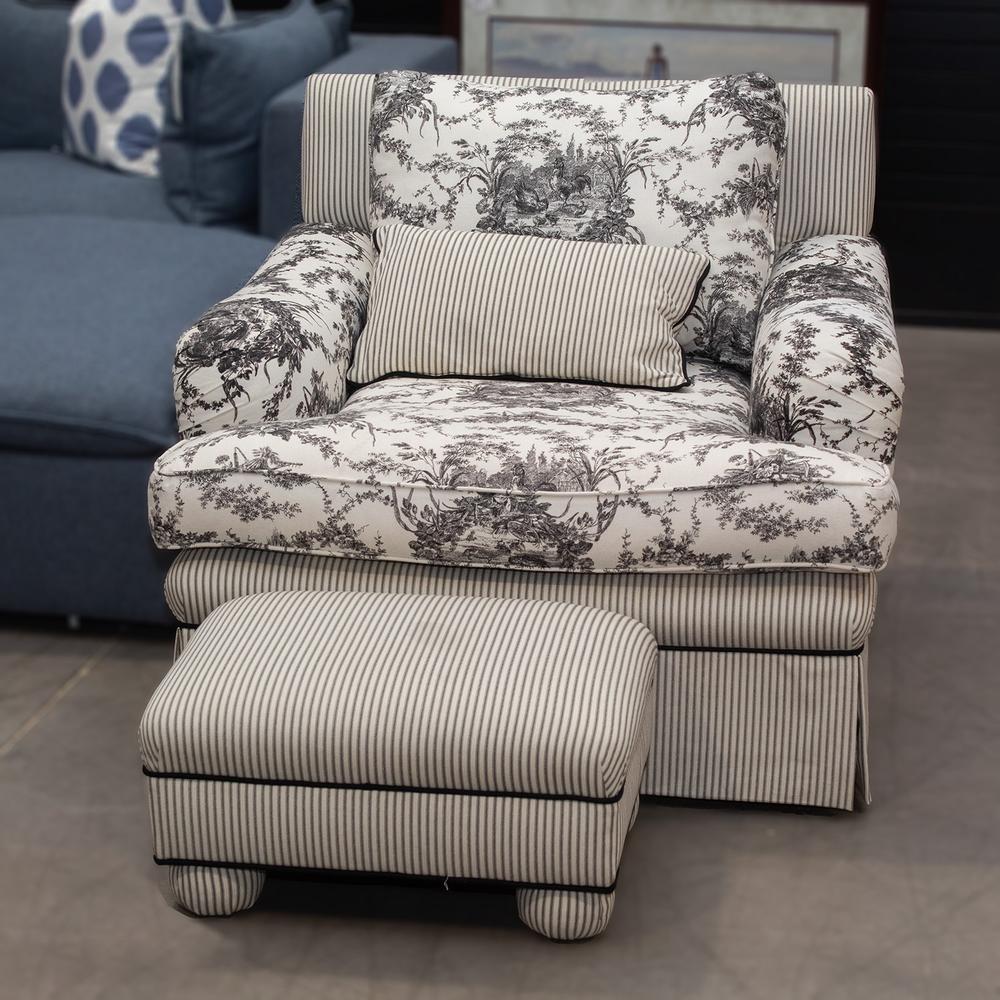 Custom Upholstered Toile Chair + Ottoman