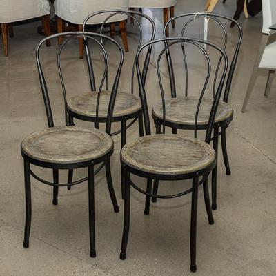 Set of 4 Metal Framed Round Wooden Seat Dining Chairs