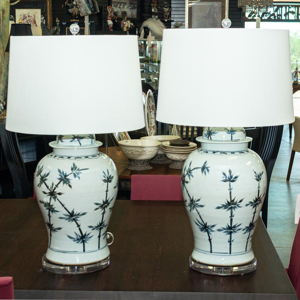 Pair Of Bungalow Chinese Iron Stone Table Lamps