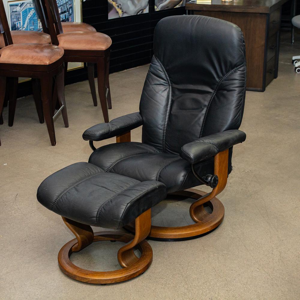Ekornes Black Leather Stressless Recliner W/Ottoman