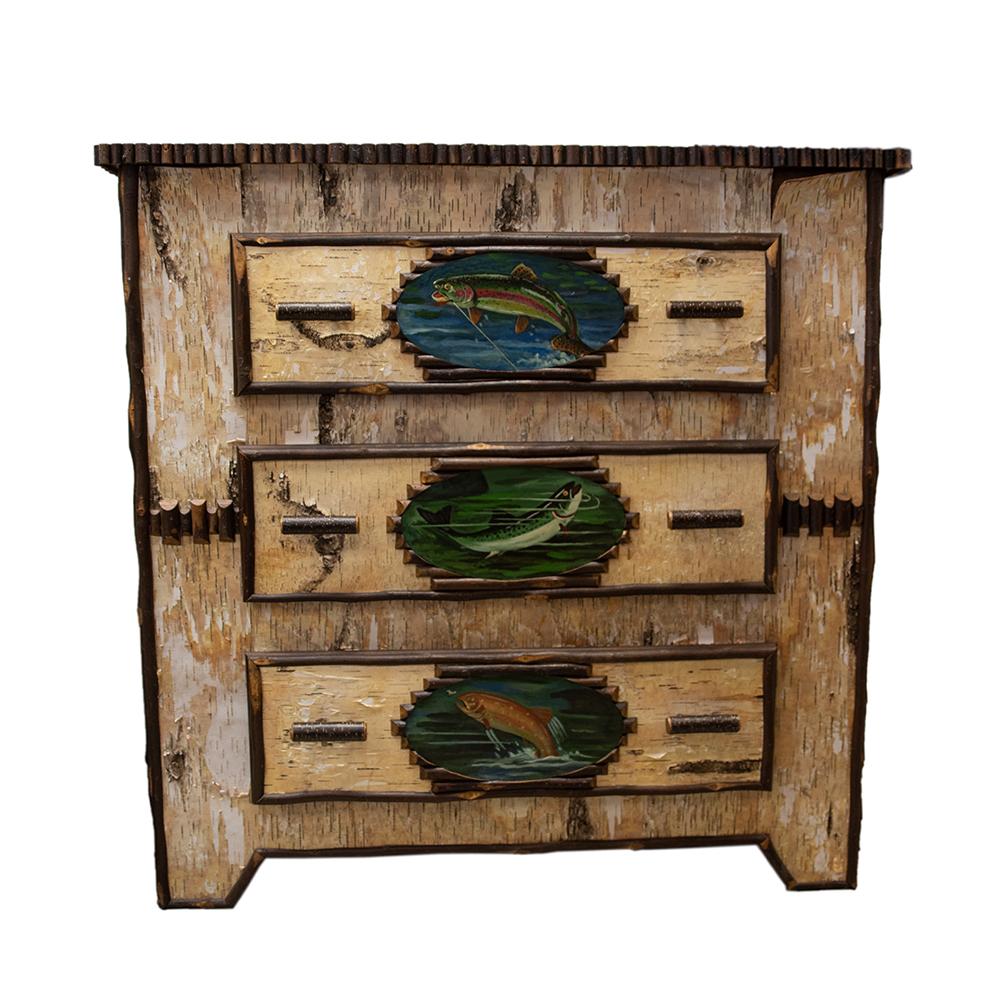  3 Drawer Rustic Bark Dresser With Fish Accents