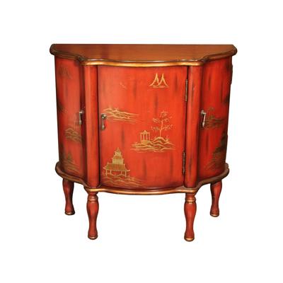Red Asian Inspired Console Cabinet with Painted Scenery