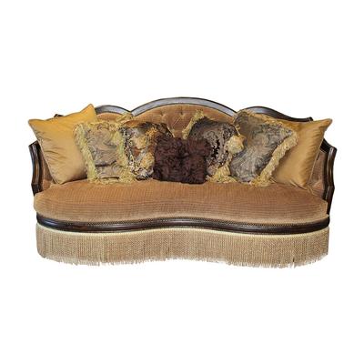 Schnadig Custom Curved Custom Curved Sofa with Wood Trim and Fringe