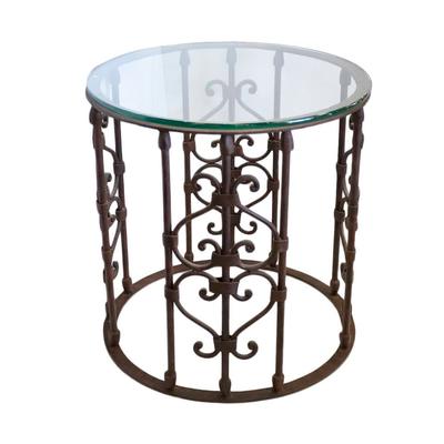 Round Gated Iron Open Detail Base End Table 
