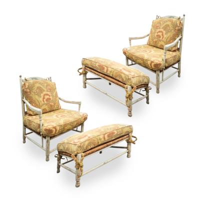 Pair of Yellow Ladder back Distressed Chairs with Ottomans 