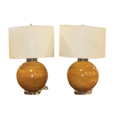 Pair Of Wood Style Sphere Lamps