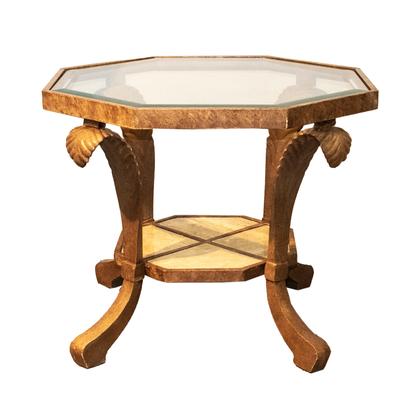 Hexagon End Table Glass Top With Stone Inlay