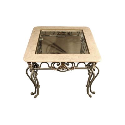 Neoclassical Marble & Glass Top Wrought Iron End Table