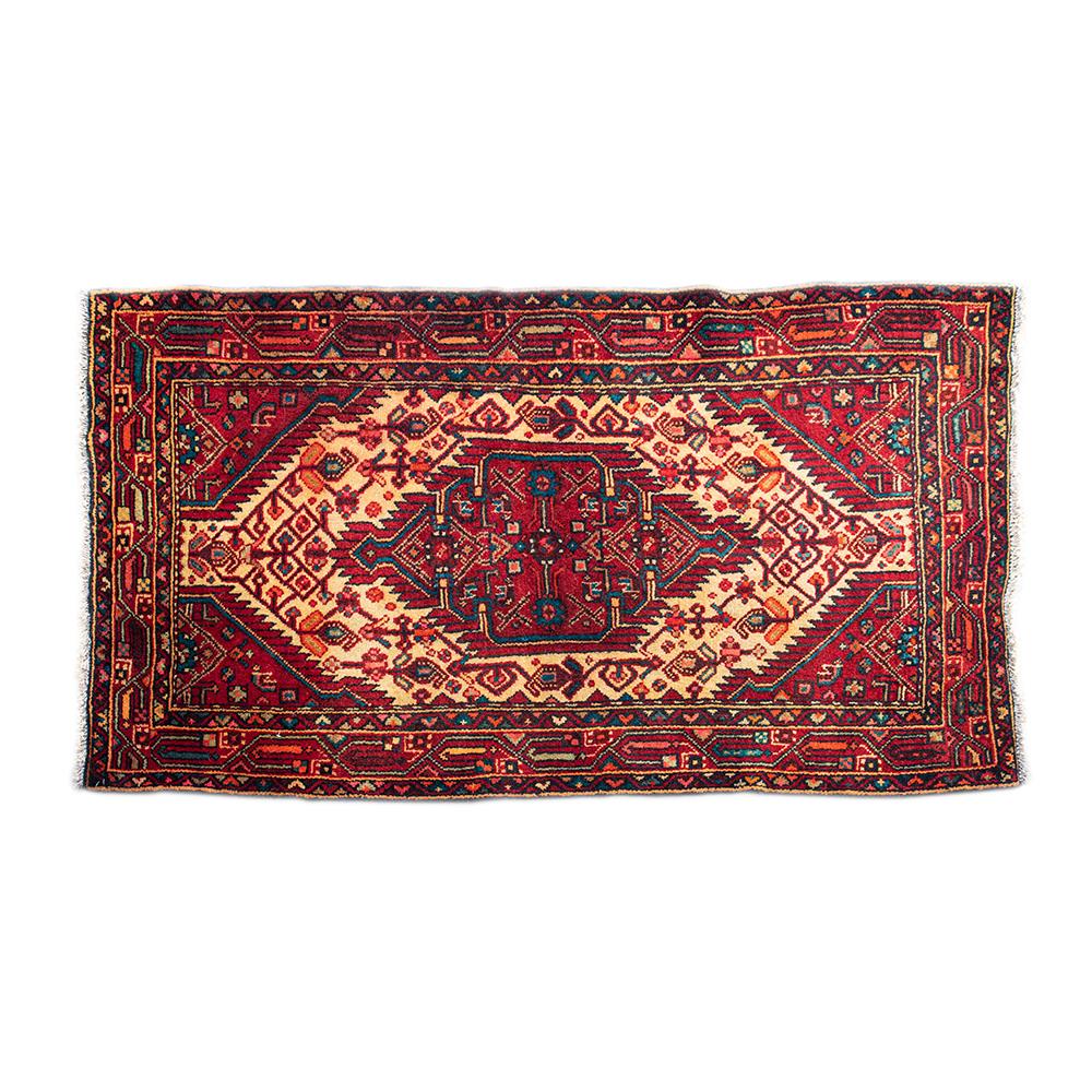  Handtied Red, Tan, And Green Rug