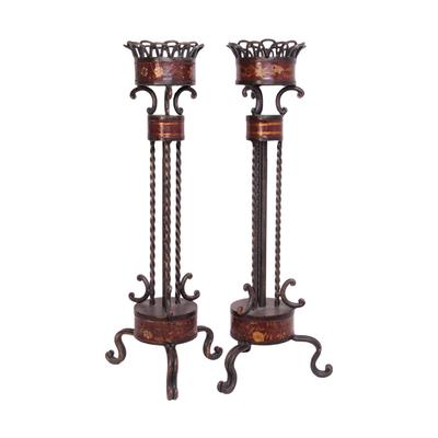Pair of Traditional Rod Iron and Wood Candle Holder