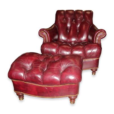 Hancock + Moore Burgundy Leather Tufted Chair with Ottoman 