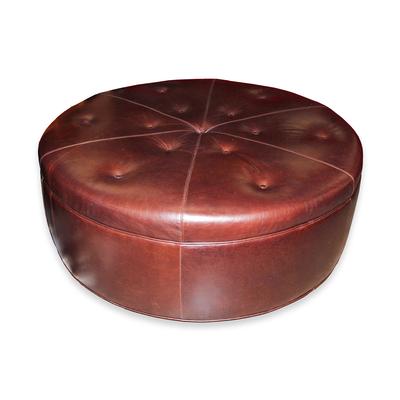 Round Brown Leather Ottoman 