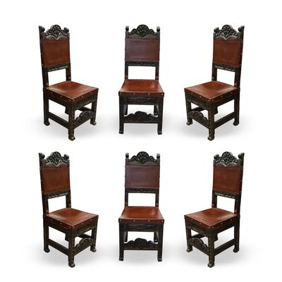 Set of 6 Carved Wooden Red Leather Dining Chairs 