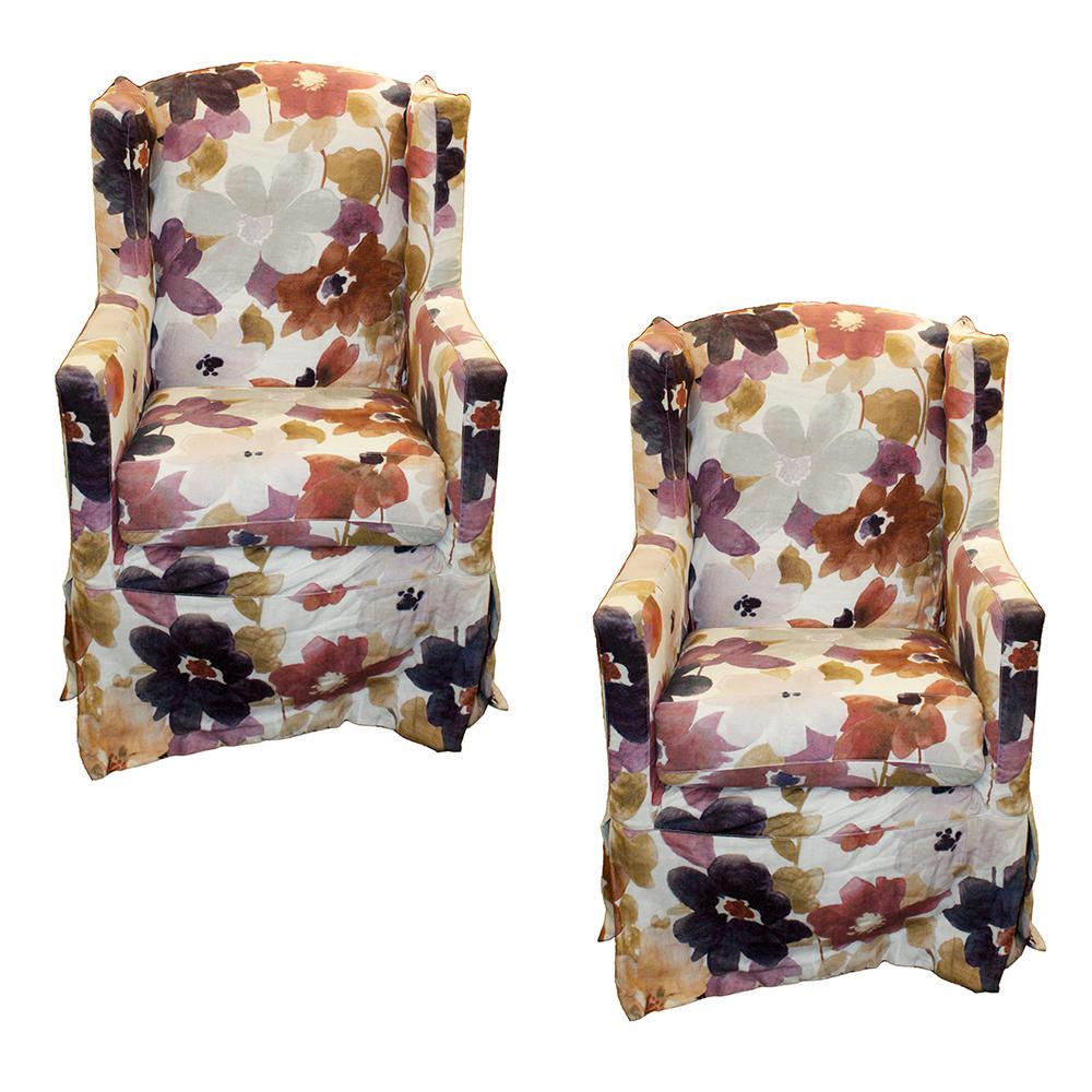  Pair Of Floral Pattern Slipcover Wingback Chairs