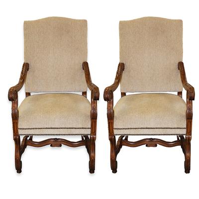 Pair of Drexel Heritage Upholstered Wood Captain Chairs 
