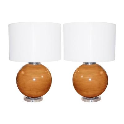Pair of Large Wooden Sphere Lamps