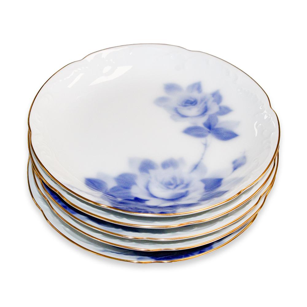  Set Of 5 Okura Blue Rose China Plates