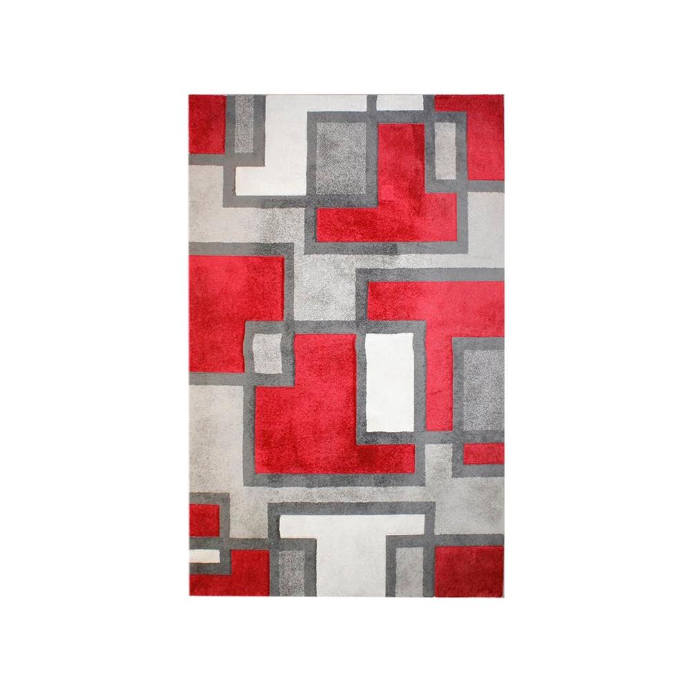  Modern Red And Grey Block Pattern Rug