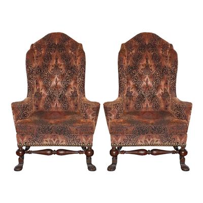  Pair of Nordstrom Brown Tufted Fabric Wingback Chairs