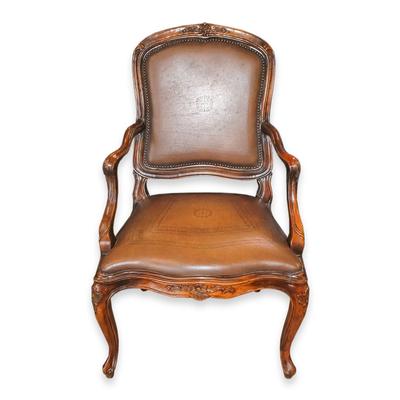 Ornate Wood Trim Leather Chair