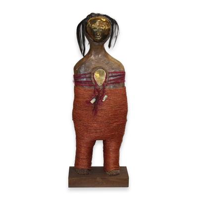 African Sculpture with Yarn And Brass