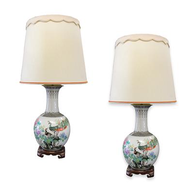 Pair of Porcelain Lamps with Peacock Designs