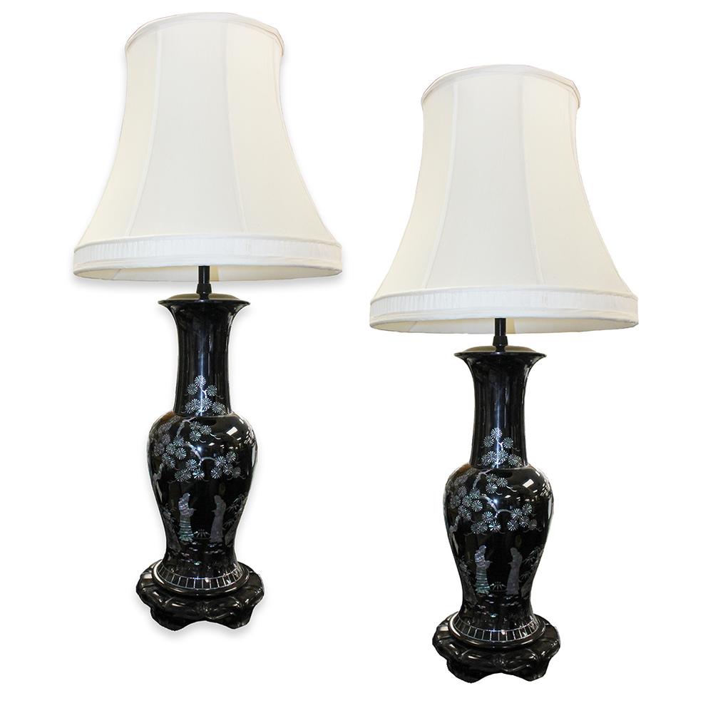  Pair Of Porcelain Lamps With Mother Of Pearl