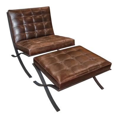 Tufted Dark Leather Slipper Chair and Ottoman