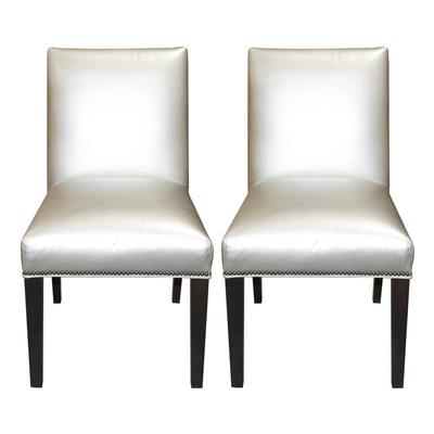 Pair of Ethan Allen Silver Leather Custom Dining Chairs