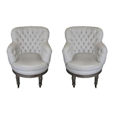 Pair of Grey Linen Tufted Rolling Chairs