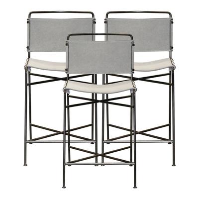 Set of 3 Canvas and Wrought Iron Bar Stools