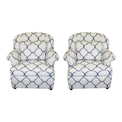 Pair of Thomasville White Geometric Pattern Armchairs