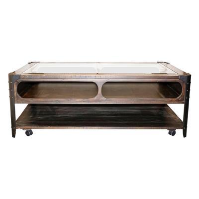 Living Spaces Distressed Wood Industrial Glass Top Coffee Table
