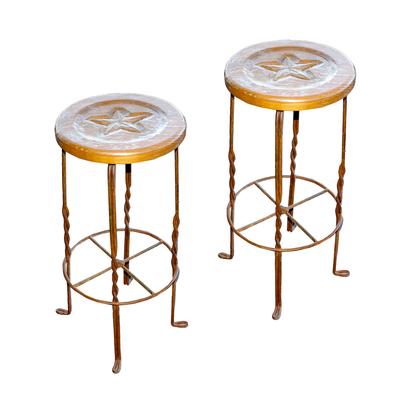 Pair of Rustic Star Carved Wood Iron Bar Stools 