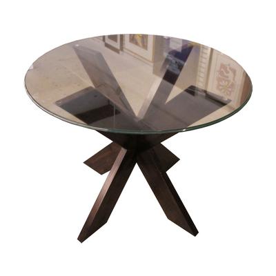 Round Wood and Clear Glass Top Accent Table