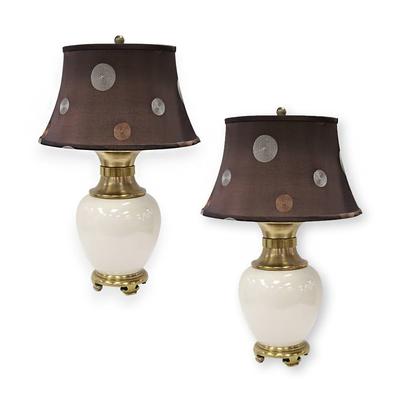 Pair of Chapman White Brass Lamps with Polka Dot Shade