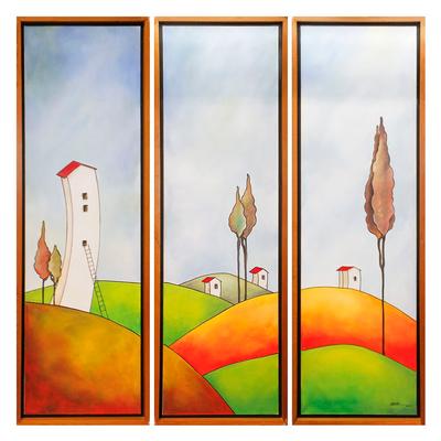 Triptych Whimsical Houses on Canvas
