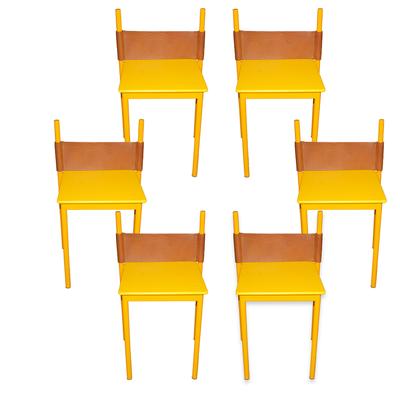 Set of 6 Yellow Chairs with Leather Back 