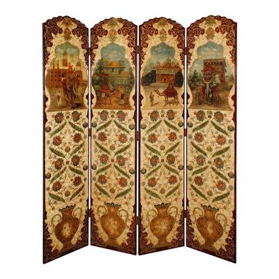 4 Panel Traditional Room Divider with Poppy Motifs