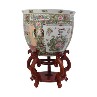 Chinese Pottery Ceramic Vase with Wood Base