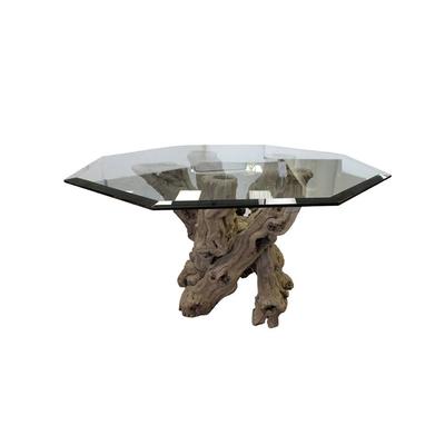 Glass Top Octagon Wood Trunk Base Table