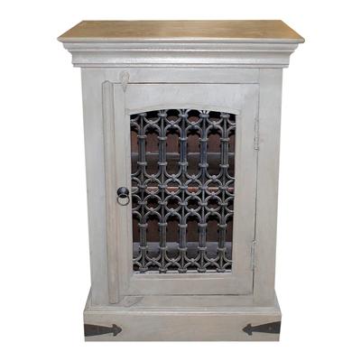 Small Gray Wood Cabinet with Iron Inlay Door