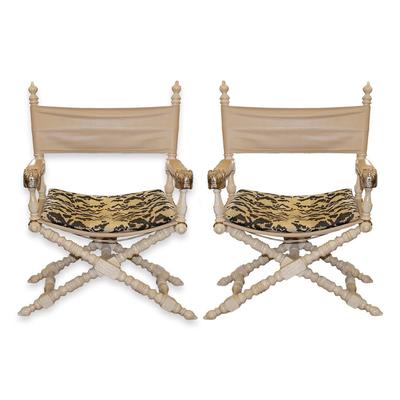 Pair Of Marge Carson Lion Motif Campaign Chairs
