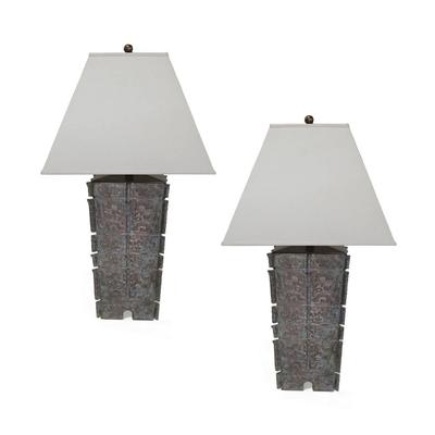 Pair of Archaic Bronze Base Lamps 