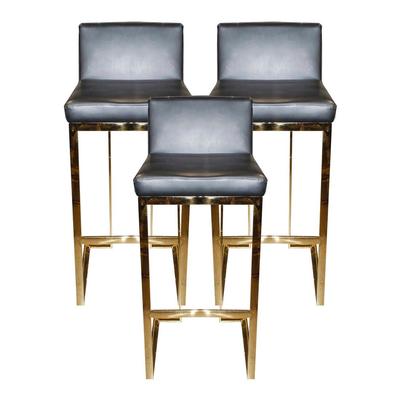 Set of 3 Black and Gold Faux Leather Stools