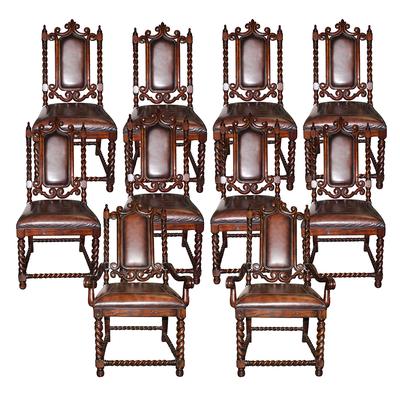 Maitland- Smith Brown set 10 Carved Wood + Leather Chairs 