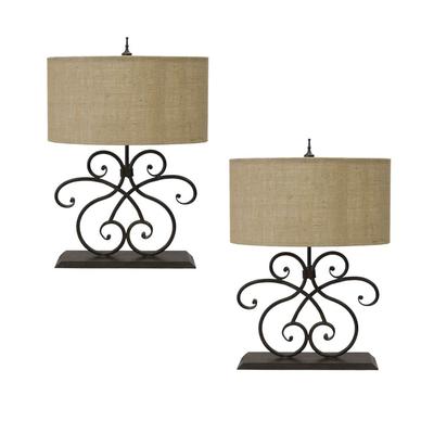  Pair of Iron Lamps with Oval Shades 